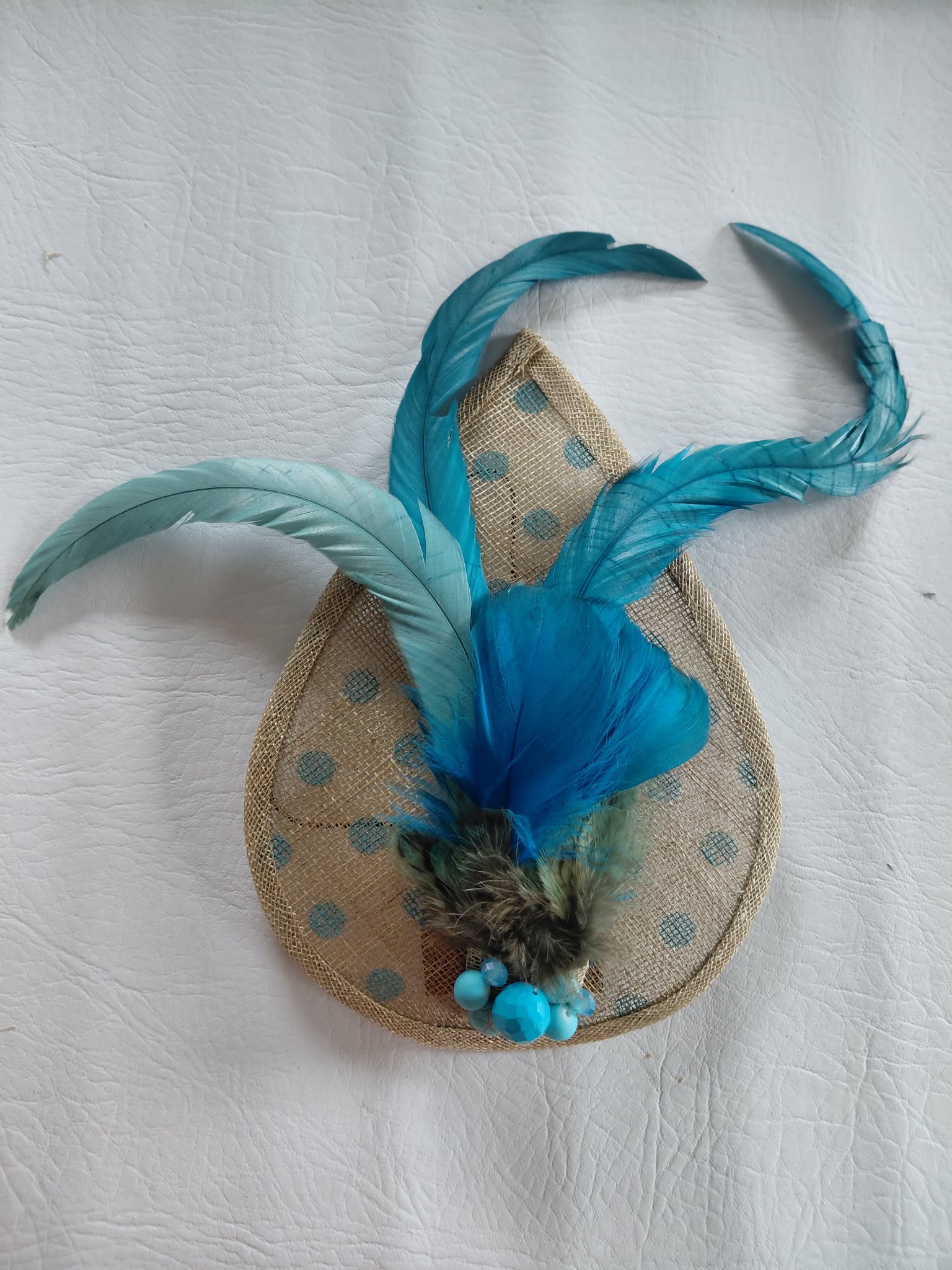 Small Teardrop Fascinator - Cream & Baby Blue Polka Dots